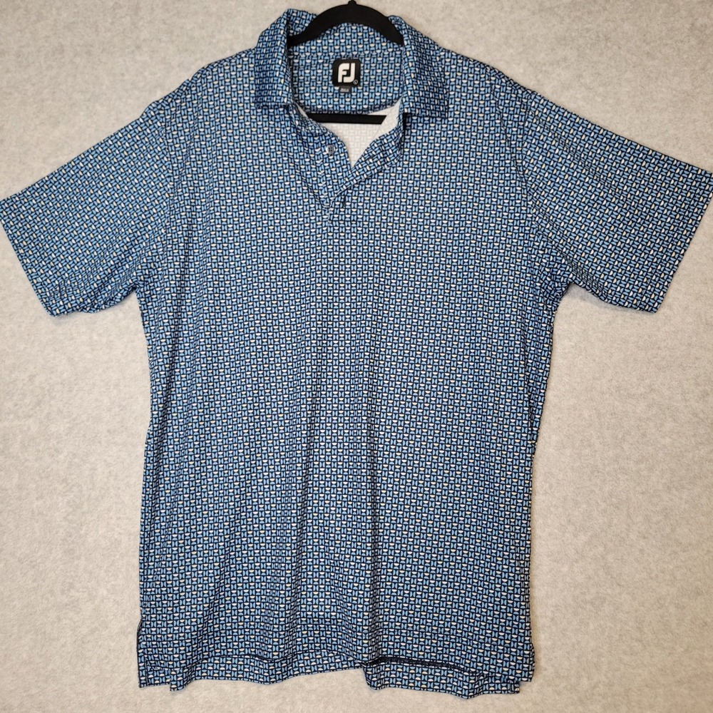 FootJoy Mens Blue Geometric Performance Golf Polo Shirt Size Large Short Sleeve